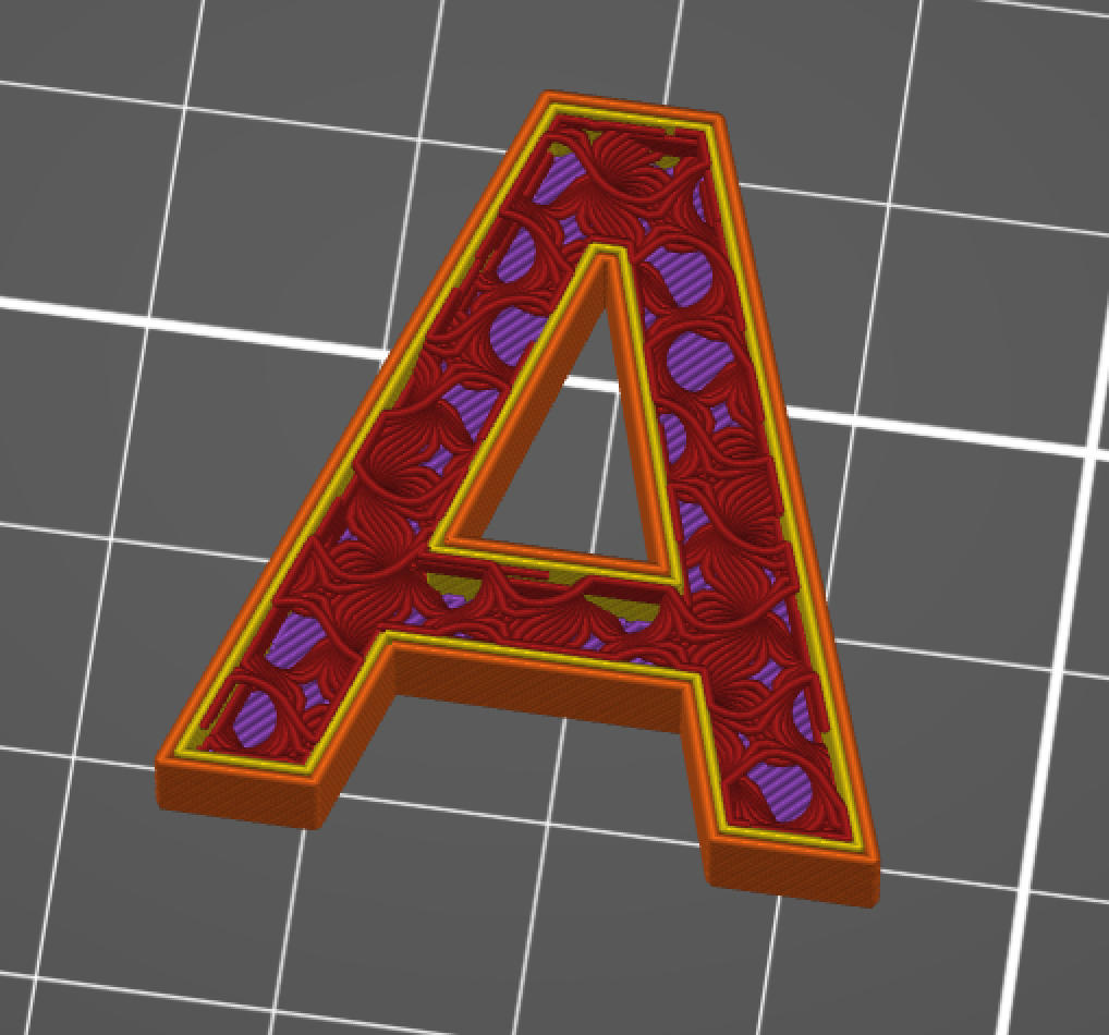 Letter A with infill visible in PrusaSlicer
